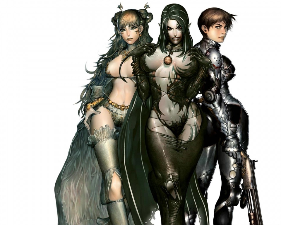 alien1452, darkeden, source request, 3girls, armor, bodypaint, breasts, dark-skinned female, dark skin, demon girl, fangs, grabbing another's breast, groping, gun, large breasts, lips, multiple girls, red eyes, shotgun, torn clothes, weapon