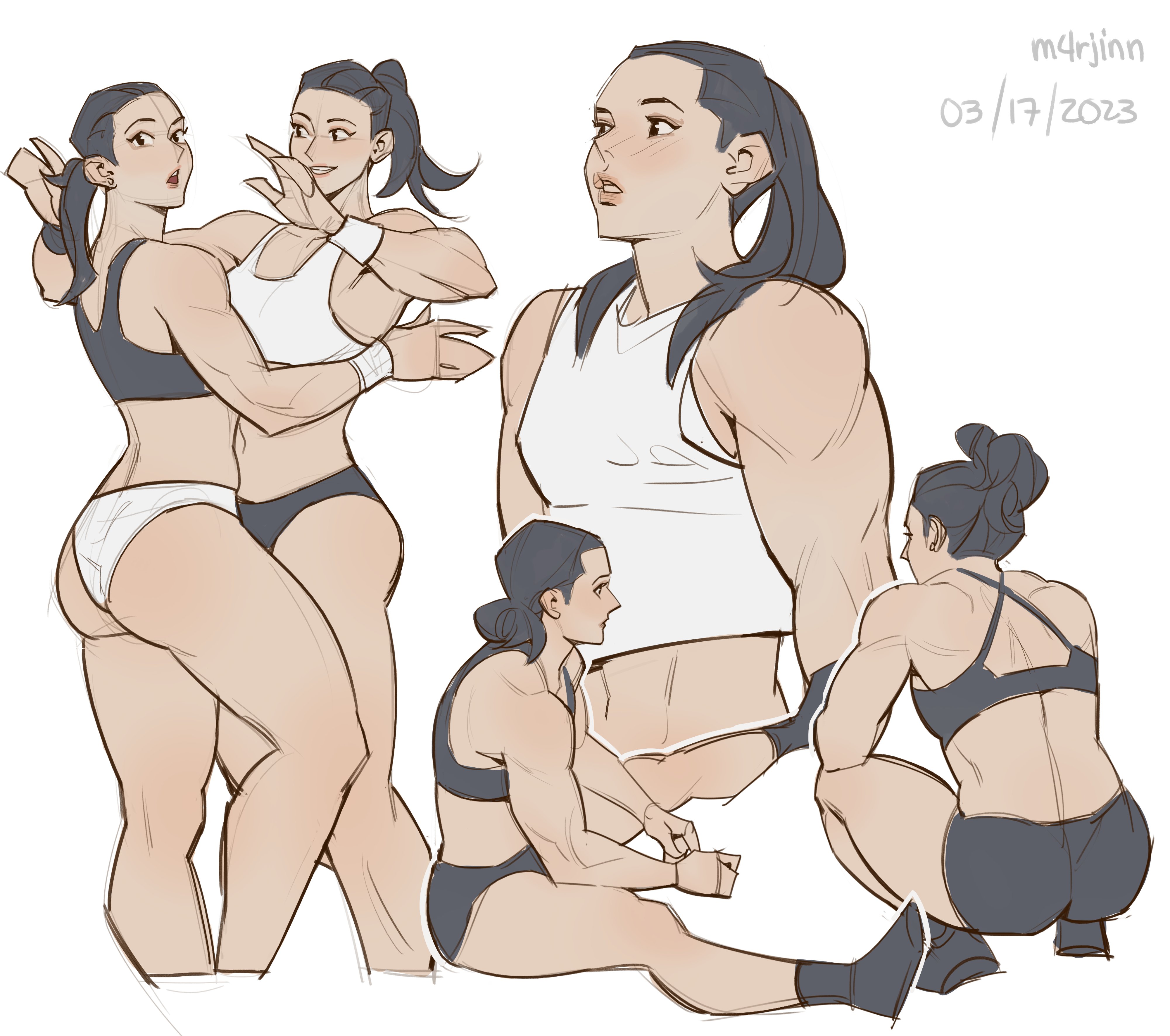 m4rjinn, original, absurdres, art study, commentary, english commentary, highres, 2girls, artist name, ass, bare shoulders, black hair, black panties, black shoes, black shorts, black sports bra, blush, dated, feet out of frame, from behind, from side, full body, lips, long hair, looking at another, looking at viewer, midriff, multiple girls, muscular, muscular female, nose, panties, parted lips, ponytail, profile, shoes, shorts, simple background, sitting, smile, sports bra, squatting, standing, tank top, thighs, underwear, upper body, white background, white panties, white sports bra, white tank top