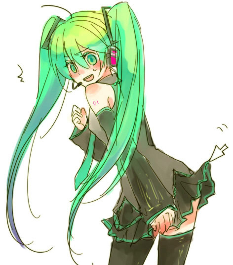 yuzumi, hatsune miku, vocaloid, blush, clothes lift, cursor, detached sleeves, green eyes, green hair, headset, long hair, necktie, skirt, skirt lift, solo, thighhighs, twintails