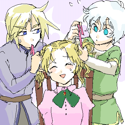 masu (artist), cain highwind, cecil harvey, rosa farrell, final fantasy, final fantasy iv, lowres, 1990s (style), 1girl, 2boys, aged down, blonde hair, child, hairdressing, long hair, masu, multiple boys, oekaki, short hair, short twintails, twintails, white hair