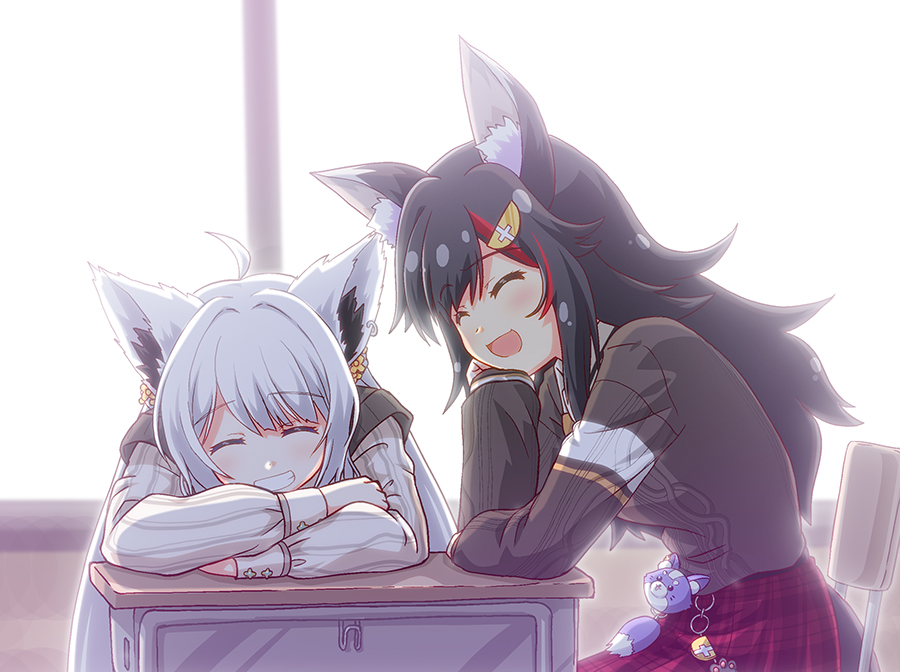 sumeragi kou, ookami mio, shirakami fubuki, hololive, hololive gamers, 2girls, ahoge, animal ear piercing, animal ears, black hair, black sweater, blush, closed eyes, desk, fox ears, fox girl, hand on own cheek, hand on own face, long hair, long sleeves, lying, multicolored hair, multiple girls, on desk, open mouth, plaid clothes, plaid skirt, red hair, red skirt, sitting, skirt, smile, sweater, virtual youtuber, white hair, white sweater, wolf ears, wolf girl