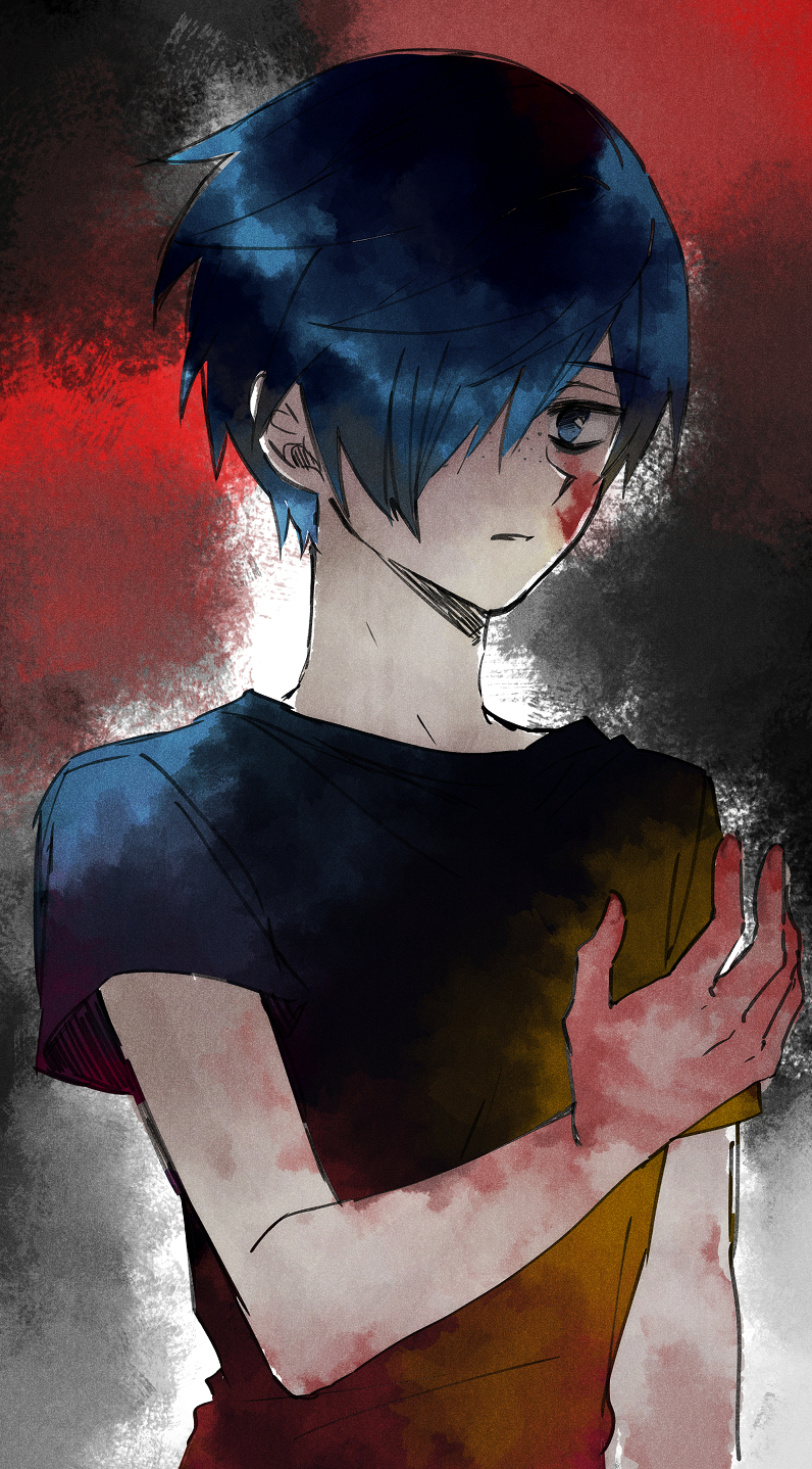 gaa (butsugen), kuji toi, sarazanmai, commentary request, highres, 1boy, arm at side, black shirt, blood, blood on face, blood on hands, blue eyes, blue hair, expressionless, freckles, hair over one eye, looking at viewer, male focus, parted lips, shirt, short hair, short sleeves, solo, upper body