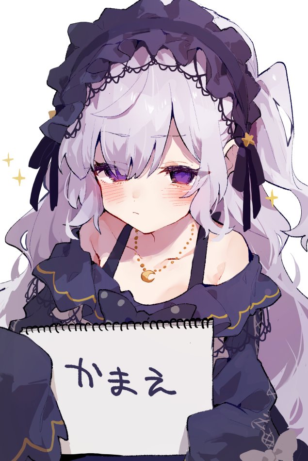 rimukoro, natsume an-an, mahou shoujo no majo saiban, commentary, 1girl, bow, crescent, crescent necklace, dress, empty eyes, frilled dress, frills, gothic lolita, hair over one eye, hairband, headband, holding, holding sketchbook, jewelry, lolita fashion, lolita hairband, long hair, looking at viewer, magical girl, messy hair, necklace, polka dot, polka dot bow, purple dress, purple eyes, purple headband, sketchbook, sleeves past fingers, sleeves past wrists, solo, sparkle, tied sleeves, very long hair, wavy hair, white hair