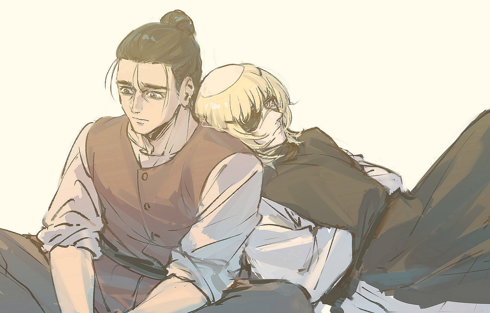 machikokom43502, badeni, oczy, chi.: chikyuu no undou ni tsuite, highres, 2boys, black hair, black pants, black tunic, blonde hair, brown vest, closed mouth, eyepatch, hair bun, male focus, medium hair, multiple boys, pants, robe, scar, scar on face, scar on mouth, scar on nose, shirt, sitting, sketch, sleeves rolled up, tonsure, tunic, vest, white robe, white shirt