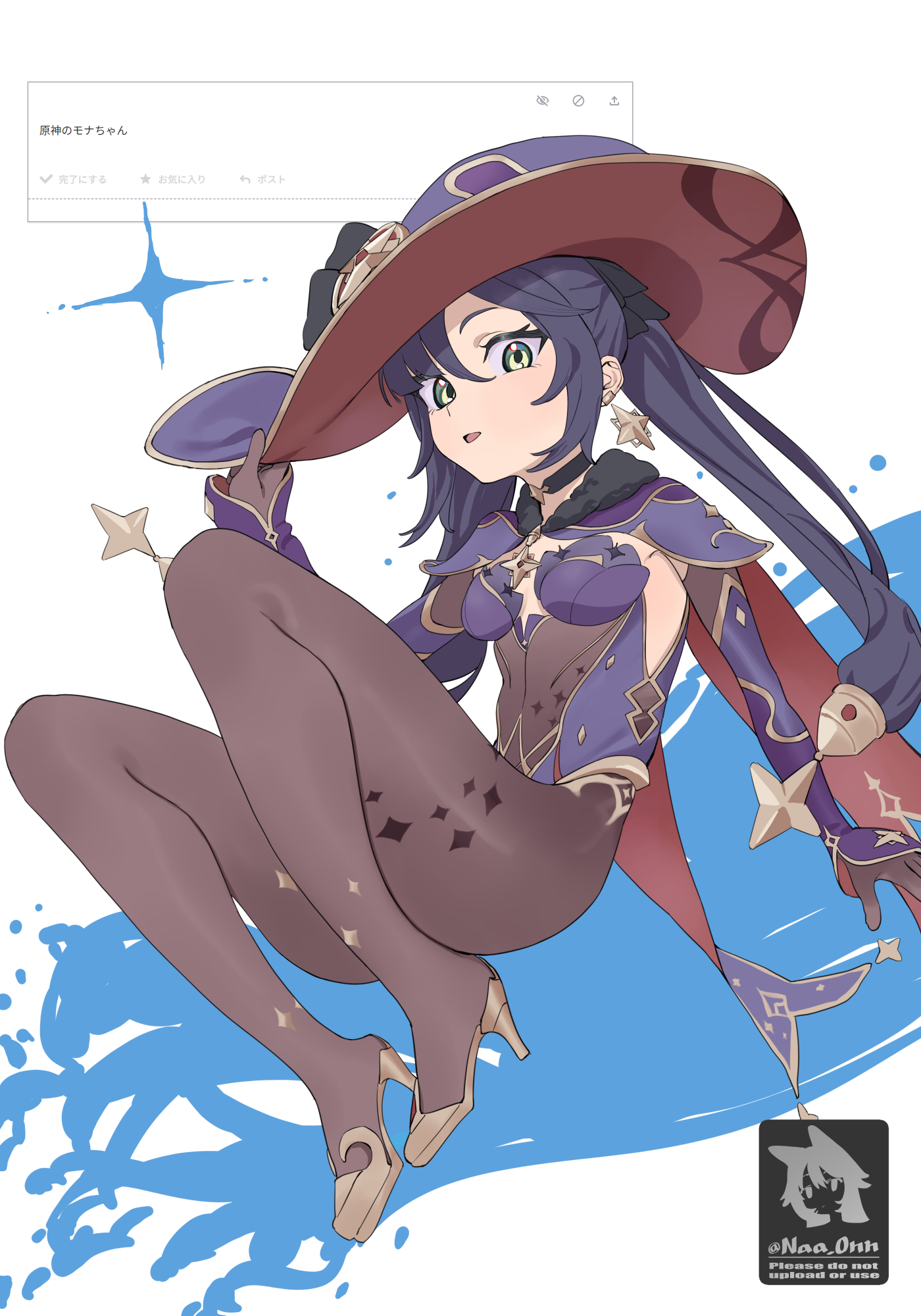mona (genshin impact), genshin impact, highres, 1girl, artist logo, black choker, black gloves, black hair, bodystocking, breasts, brooch, choker, detached sleeves, earrings, full body, gloves, green eyes, hand on headwear, hat, high heels, jewelry, leotard, logo, looking at viewer, naa onn, open mouth, purple leotard, request inset, skin tight, small breasts, solo, star (symbol), star earrings, thighs, twintails, witch hat