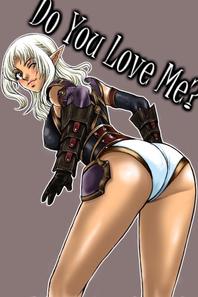 shiri hime, shirihime, elvaan, final fantasy, final fantasy xi, 00s, 1girl, armor, ass, blonde hair, breasts, elf, female focus, long hair, one eye closed, pointy ears, purple armor, solo, wink