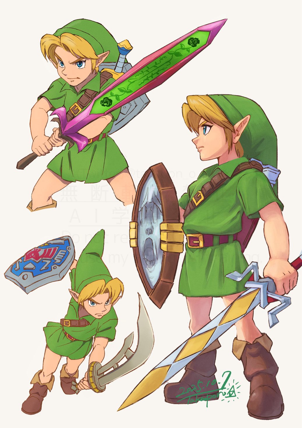 takapon-o-ji, link, young link, nintendo, the legend of zelda, the legend of zelda: majora's mask, highres, 1boy, attack, belt, belt buckle, blonde hair, blue eyes, brown belt, brown shoes, buckle, closed mouth, curtained hair, dated, fighting stance, fold-over boots, full body, furrowed brow, gilded sword (majora's mask), green hat, green tunic, hat, holding, holding shield, holding sword, holding weapon, hylian shield, looking ahead, male focus, mirror shield, multiple views, parted bangs, pointy ears, profile, purple belt, serious, shield, shield on back, shoes, short sleeves, shoulder belt, signature, simple background, solo, standing, swinging weapon, sword, sword on back, tunic, two-handed, unsheathed, watermark, weapon, weapon on back