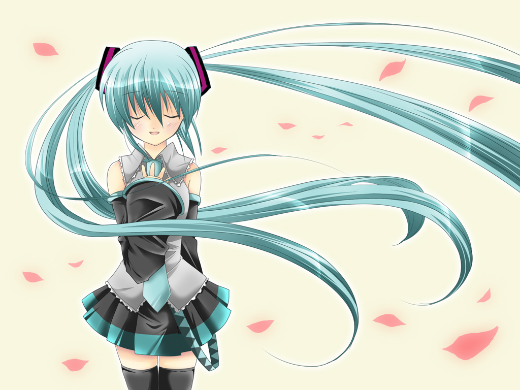 oumi neneha, hatsune miku, vocaloid, bad id, bad pixiv id, 1girl, aqua hair, closed eyes, detached sleeves, female focus, long hair, necktie, petals, skirt, solo, thighhighs, twintails, very long hair, zettai ryouiki