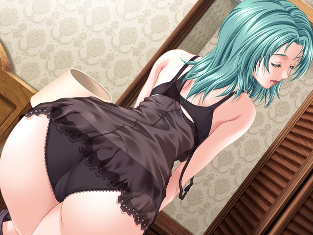 watanabe yoshihiro, sakana fumie, shiosai no himei, game cg, 1girl, aqua hair, ass, black bra, black panties, bra, cameltoe, closed eyes, female focus, green hair, lamp, lingerie, lips, lipstick, makeup, negligee, panties, see-through clothes, solo, strap slip, trefoil, underwear