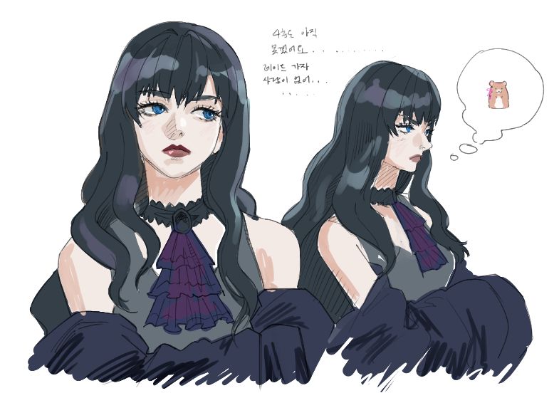 bib bb bib, gaia (ff14), final fantasy, final fantasy xiv, 1girl, ascot, bare shoulders, black choker, black dress, black hair, blue eyes, choker, closed mouth, dress, hamster, image in thought bubble, long hair, multiple views, pale skin, purple ascot, sketch, upper body, wavy hair, white background