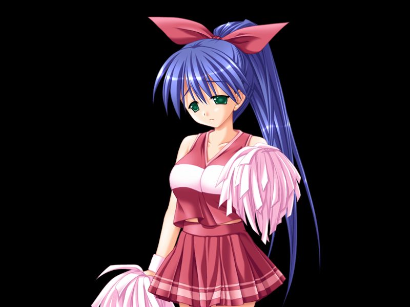 miyasu risa, misaki wakana, honoo no haramase tenkousei, variant set, 1girl, 2000s (style), black background, blue hair, blush, bow, breasts, cheerleader, closed mouth, collarbone, cowboy shot, gloom (expression), green eyes, hair between eyes, hair bow, half-closed eyes, hand up, holding, holding pom poms, huge breasts, long hair, looking at viewer, miniskirt, pink bow, pink skirt, pink tank top, pleated skirt, pom pom (cheerleading), pom poms, ponytail, simple background, skirt, solo, standing, tank top, tented shirt, very long hair, wristband