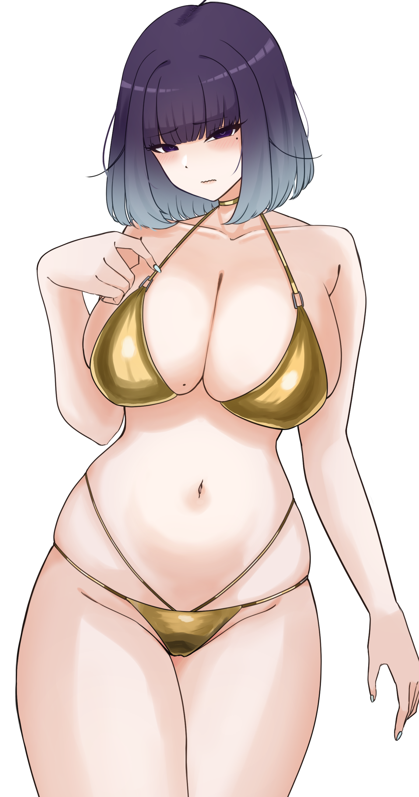yuura (yuura ephyra), original, absurdres, highres, 1girl, bikini, black eyes, blue hair, blush, breasts, gold bikini, gold choker, large breasts, looking at viewer, medium hair, mole, mole on breast, multi-strapped bikini bottom, navel, simple background, solo, swimsuit, white background