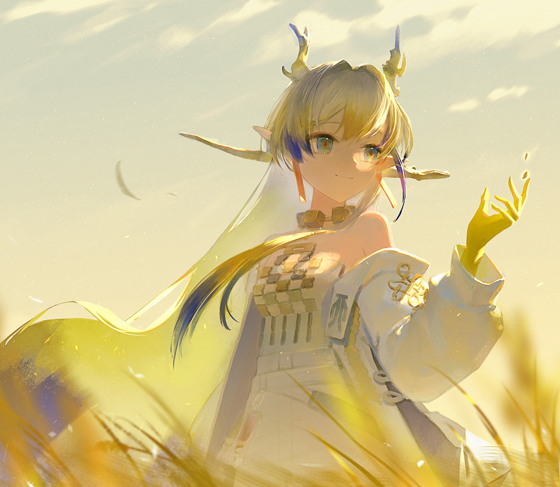 youra5, shu (arknights), arknights, highres, 1girl, bare shoulders, bead necklace, beads, blonde hair, blue hair, breasts, closed mouth, dragon girl, dragon horns, earrings, eastern dragon horns, green eyes, hair between eyes, hair ornament, horns, jewelry, long sleeves, medium breasts, multicolored hair, necklace, pointy ears, shirt, smile, solo, strapless, strapless shirt, tassel, tassel earrings, tube top, white tube top