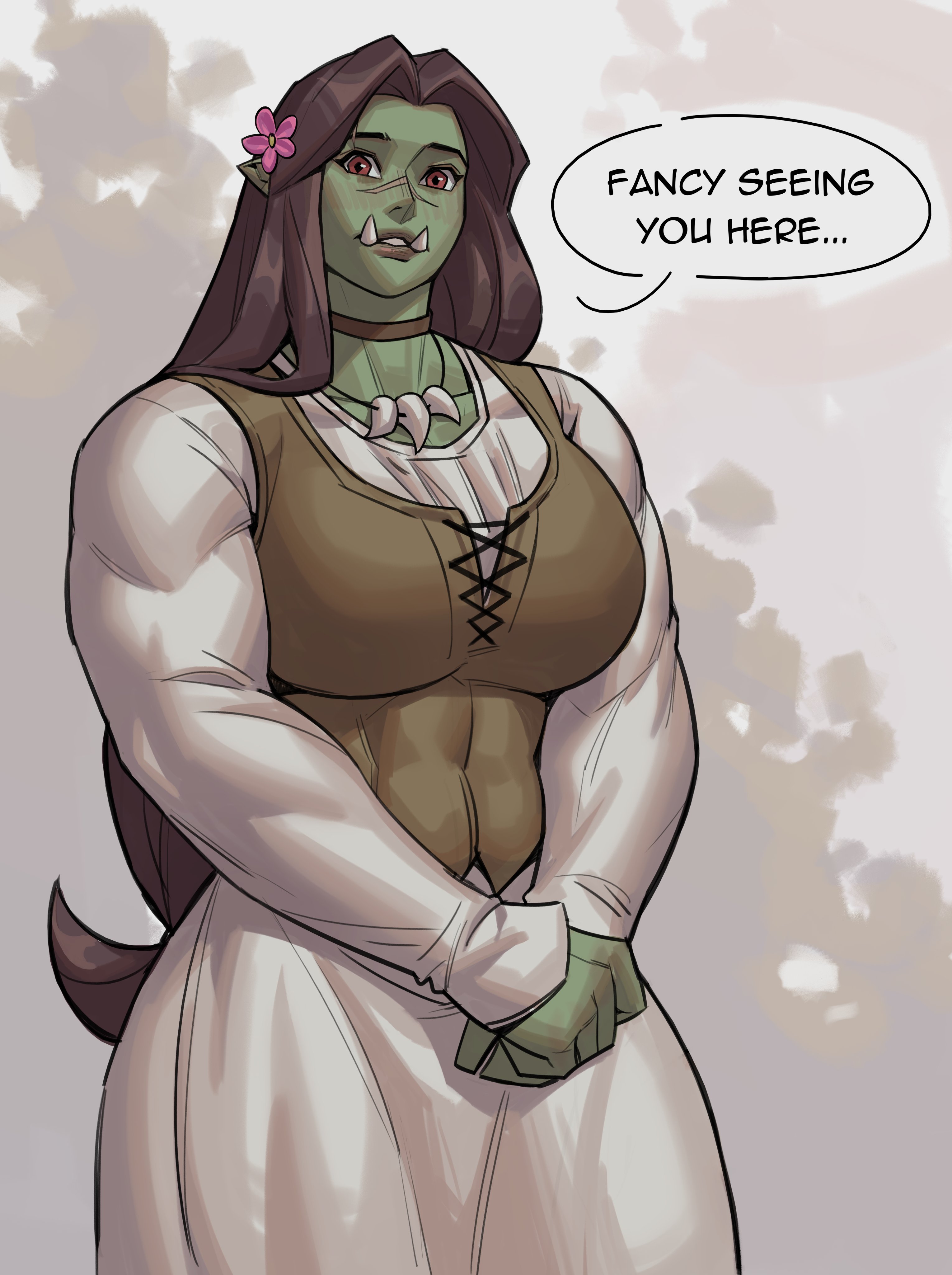 m4rjinn, original, absurdres, commentary, english commentary, highres, 1girl, blush, breasts, brown choker, brown hair, brown vest, choker, collarbone, colored skin, cowboy shot, dress, female orc, flower, fraeya (m4rjinn), green skin, grey background, hair flower, hair ornament, jewelry, large breasts, lips, long hair, looking at viewer, muscular, muscular female, necklace, nose, orc, own hands together, parted lips, pink flower, pointy ears, red eyes, scar, scar across eyebrow, scar on face, scar on nose, solo, speech bubble, tooth necklace, tusks, vest, white dress
