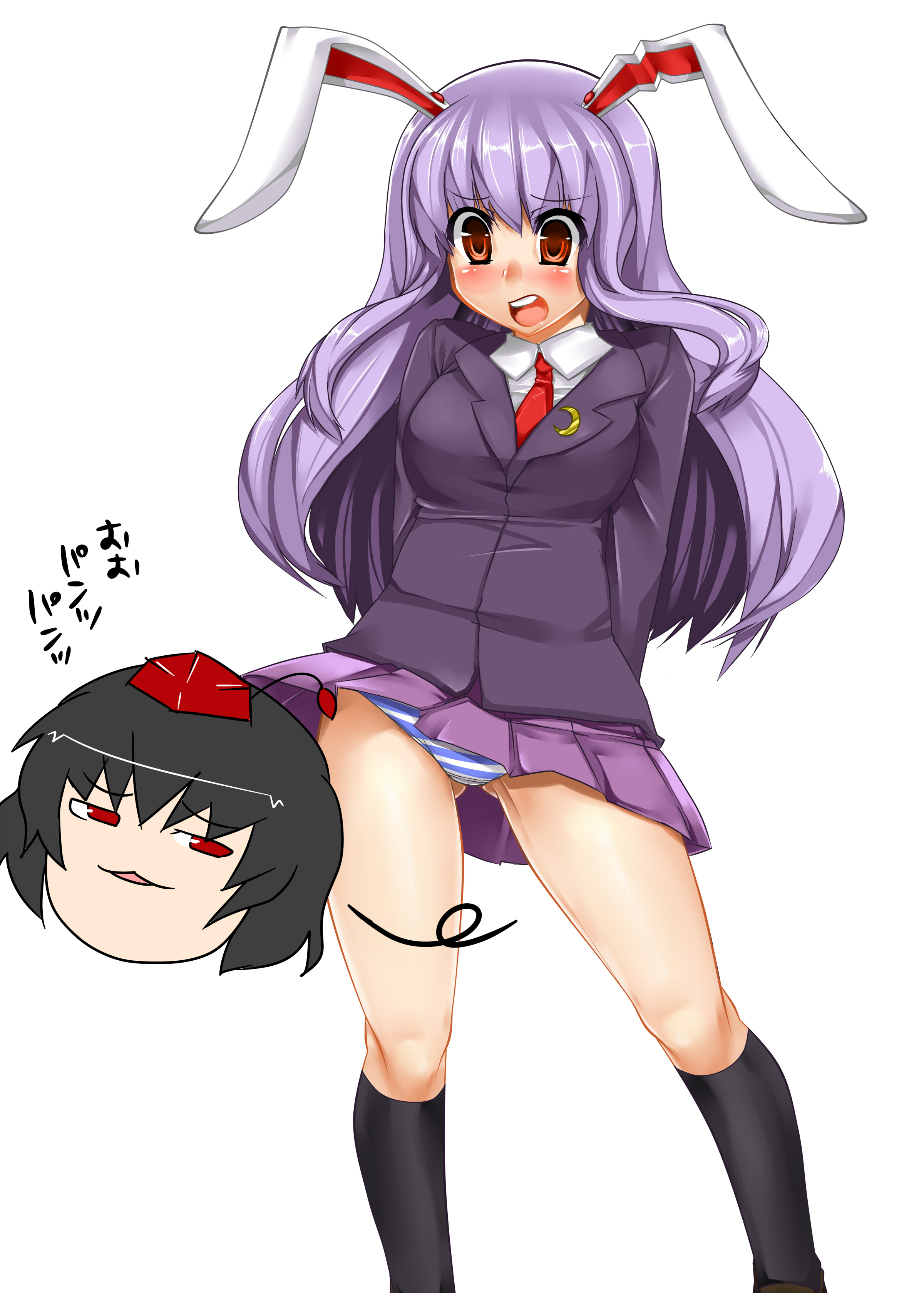 l apple, lappuru, kimeemaru, reisen udongein inaba, shameimaru aya, touhou, absurdres, highres, translated, 1girl, animal ears, blush, female focus, hat, long hair, looking at viewer, necktie, open mouth, panties, pantyshot, purple hair, rabbit ears, red necktie, solo, striped clothes, striped panties, underwear, yukkuri shiteitte ne