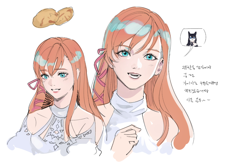 bib bb bib, ryne waters, final fantasy, final fantasy xiv, 1girl, animal ears, aqua eyes, cat ears, dress, hair ribbon, hand on own chest, image in speech bubble, light blush, long hair, multiple views, open mouth, orange hair, parted lips, pink ribbon, ribbon, sketch, smile, solo, upper body, white background, white dress