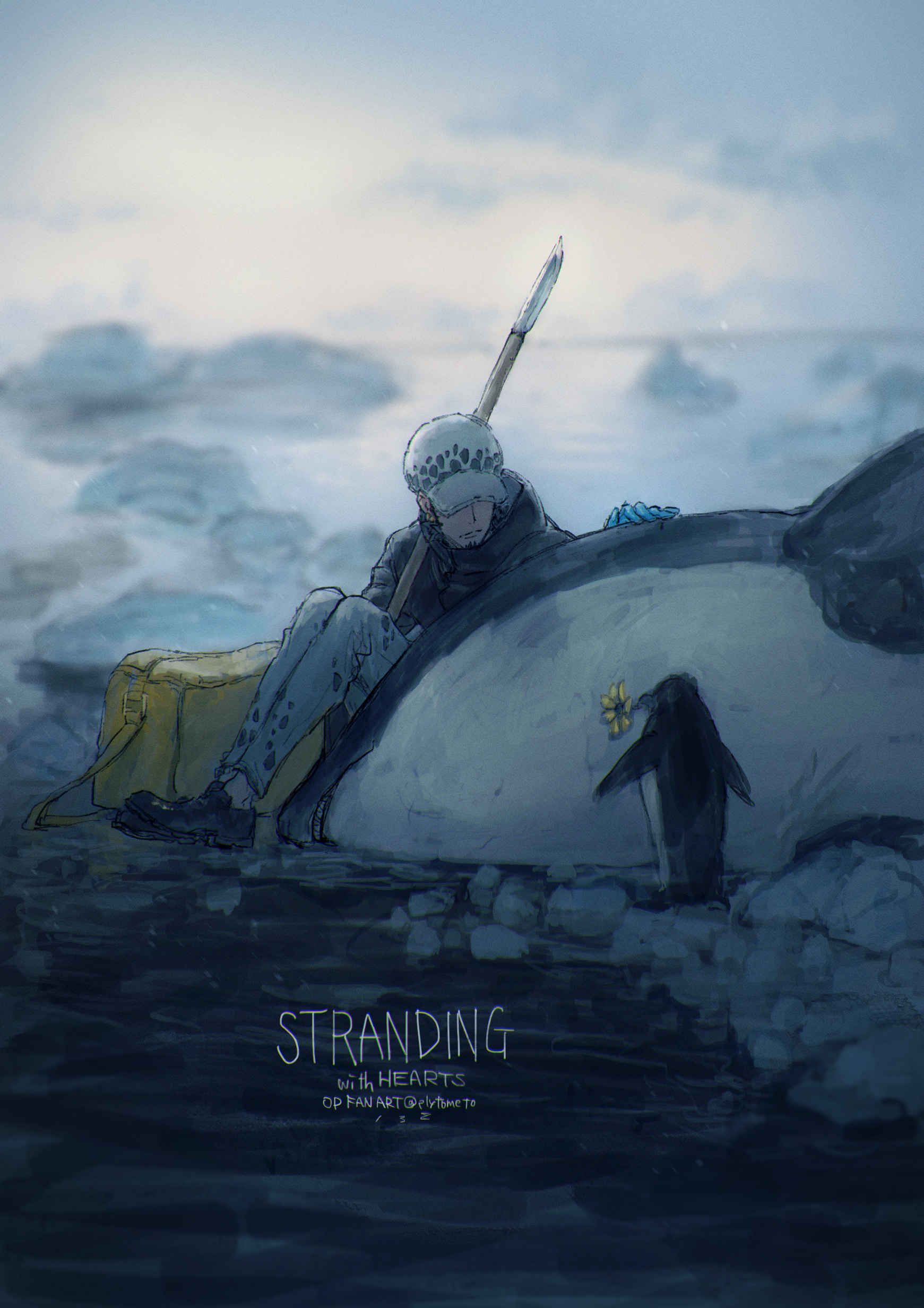 plytometo, trafalgar law, one piece, absurdres, commentary request, highres, 1boy, antarctica, bird, black shoes, blue gloves, closed mouth, facial hair, flower, gloves, goatee, hat, holding, holding polearm, holding weapon, long sideburns, orca, outdoors, pants, penguin, polearm, shoes, sideburns, sitting, weapon, white hat, white pants, yellow bag, yellow flower