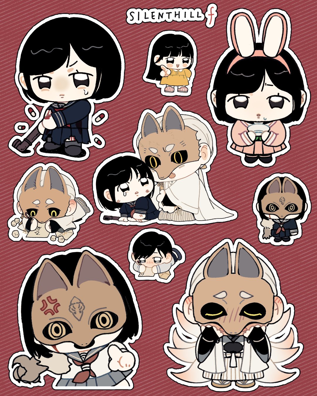 jii (cheche98711466), fox mask (silent hill), shimizu hinako, silent hill (series), silent hill f, highres, 1boy, 1girl, anger vein, animal ear hairband, animal ears, black sailor collar, black sclera, black serafuku, black shirt, black skirt, blood, blood on face, blunt bangs, blush, bridal gauntlets, chibi, chibi only, claws, closed eyes, colored sclera, dirty, dirty face, dress, fake animal ears, fox mask, fox tail, furrowed brow, grey hair, hairband, holding, holding lead pipe, japanese clothes, lead pipe, long hair, mask, multiple views, neckerchief, pile, pink serafuku, pink skirt, rabbit ears, red background, red neckerchief, robe, sailor collar, sandals, school uniform, serafuku, shirt, skirt, sweatdrop, tail, tearing up, torn sleeve, white robe, white sailor collar, writing, yellow dress, yellow eyes
