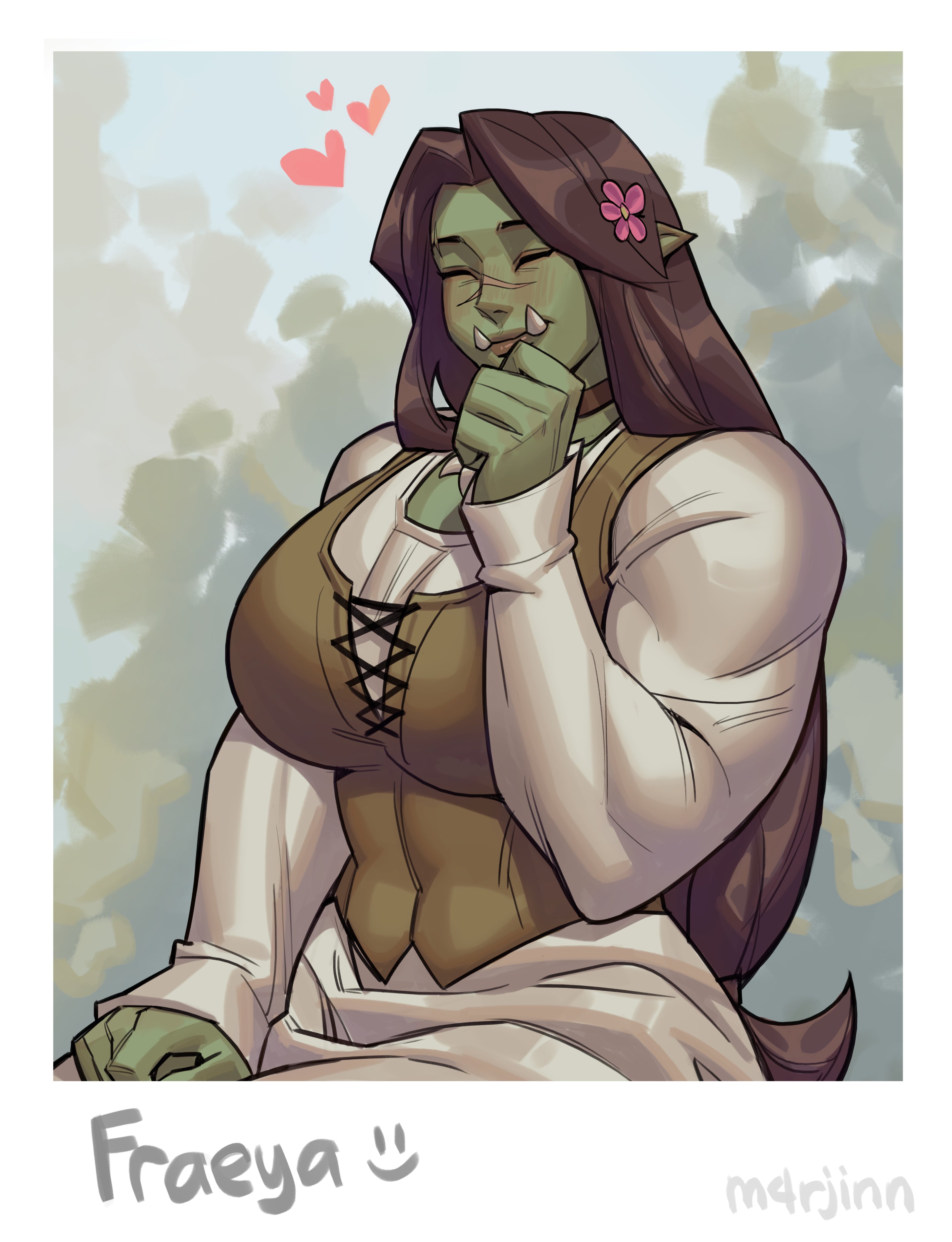 m4rjinn, original, absurdres, commentary, english commentary, highres, 1girl, artist name, blush, border, breasts, brown choker, brown hair, brown vest, character name, choker, closed eyes, closed mouth, colored skin, dress, female orc, flower, fraeya (m4rjinn), green skin, grey background, hair flower, hair ornament, hand to own mouth, heart, large breasts, lips, long hair, muscular, muscular female, nose, orc, pink flower, pointy ears, scar, scar across eyebrow, scar on face, scar on nose, solo, tusks, upper body, vest, white border, white dress