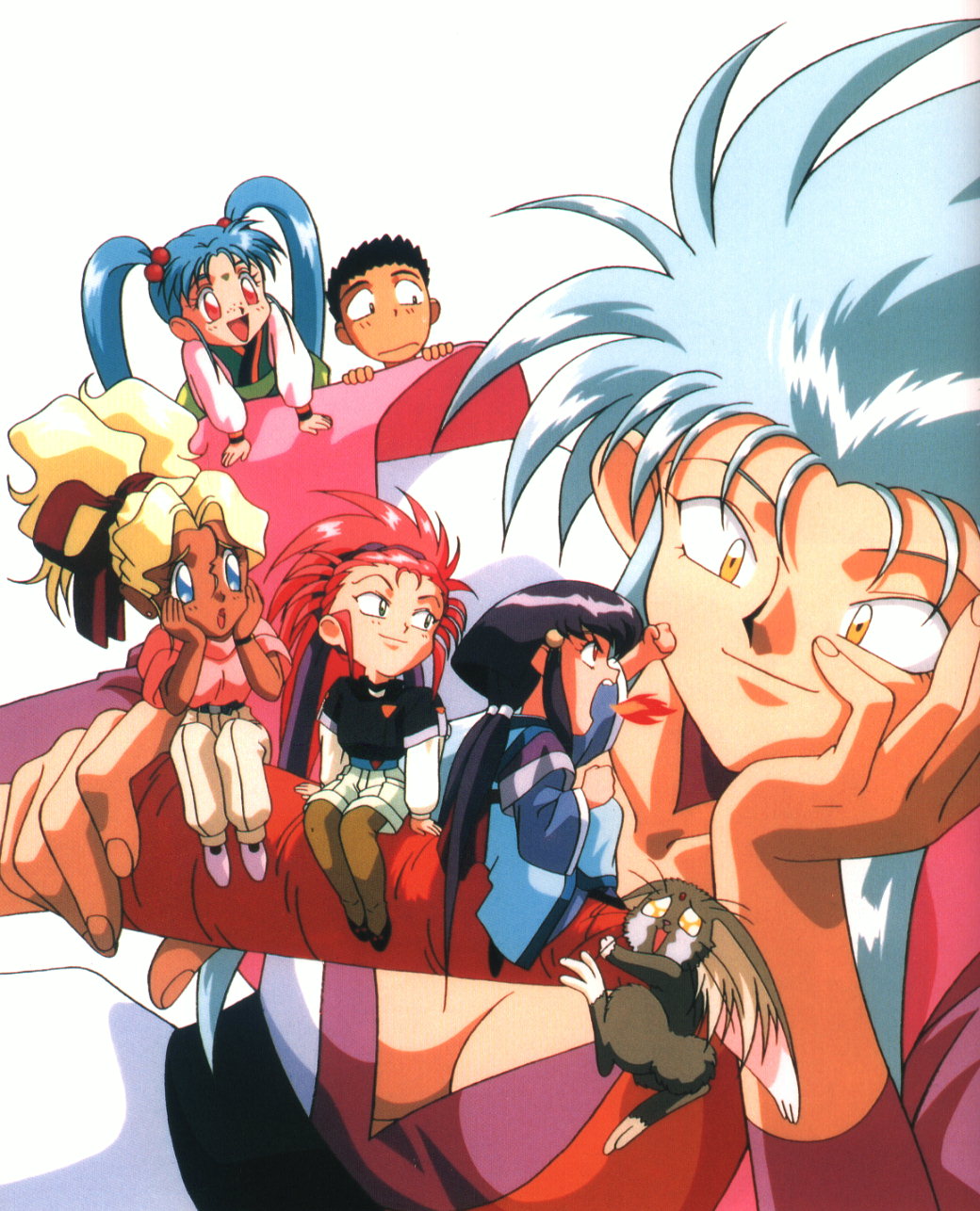 hakubi washuu, kuramitsu mihoshi, masaki aeka jurai, masaki sasami jurai, masaki tenchi, ryou-ouki, ryouko (tenchi muyou!), tenchi muyou!, silver hair, highres, 1990s (style), 1boy, 5girls, black hair, blonde hair, blue eyes, blue hair, breasts, breath weapon, breathing fire, carrot, cleavage, fire, green eyes, hair slicked back, long hair, medium breasts, mother and daughter, multiple girls, purple hair, red eyes, red hair, retro artstyle, spiked hair, tears, twintails, white background, yellow eyes