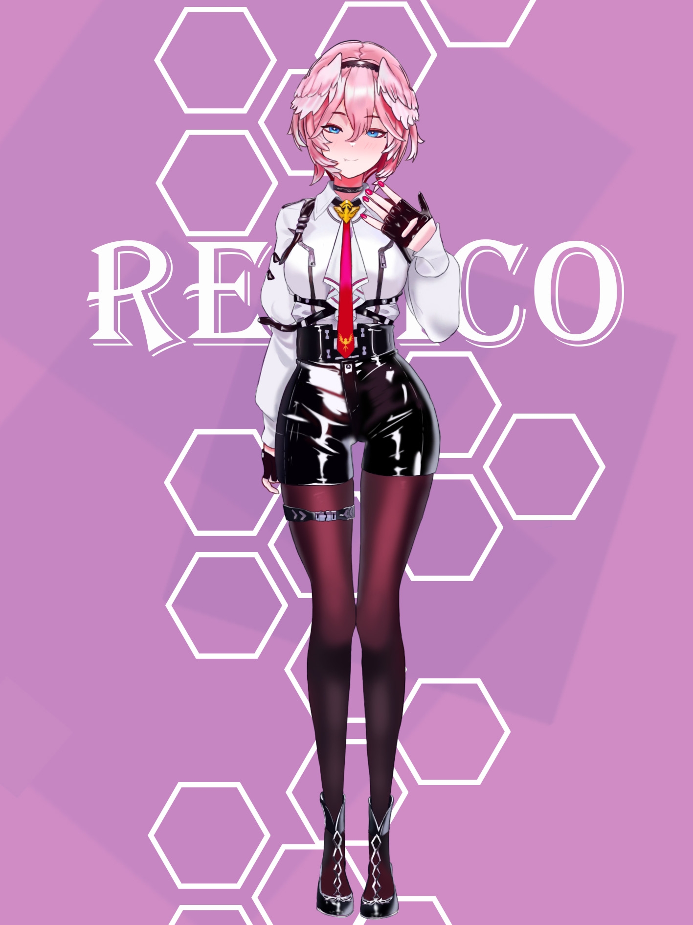 takane lui, hololive, chinese commentary, commentary request, highres, 1girl, ankle boots, arm at side, artist name, black boots, black choker, black gloves, black hairband, black shorts, blue eyes, boots, breasts, brown pantyhose, choker, closed mouth, collared shirt, fingernails, full body, gloves, hair between eyes, hairband, hand up, head wings, hexagon, high-waist shorts, latex, latex shorts, light blush, long sleeves, medium breasts, nail polish, necktie, pantyhose, partially fingerless gloves, pink background, pink hair, pink nails, red necktie, remico. (xinjinjumin0869167), shirt, short hair, shorts, smile, solo, standing, thigh gap, thigh strap, virtual youtuber, white shirt, wings