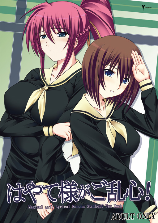 kuronezumi, fukuzawa yumi, nijou noriko, shimizu kaori, signum, ueda kana, yagami hayate, lyrical nanoha, mahou shoujo lyrical nanoha, maria-sama ga miteru, 2girls, blue eyes, brown hair, cosplay, fukuzawa yumi (cosplay), multiple girls, nijou noriko (cosplay), parody, pink hair, school uniform, voice actor connection