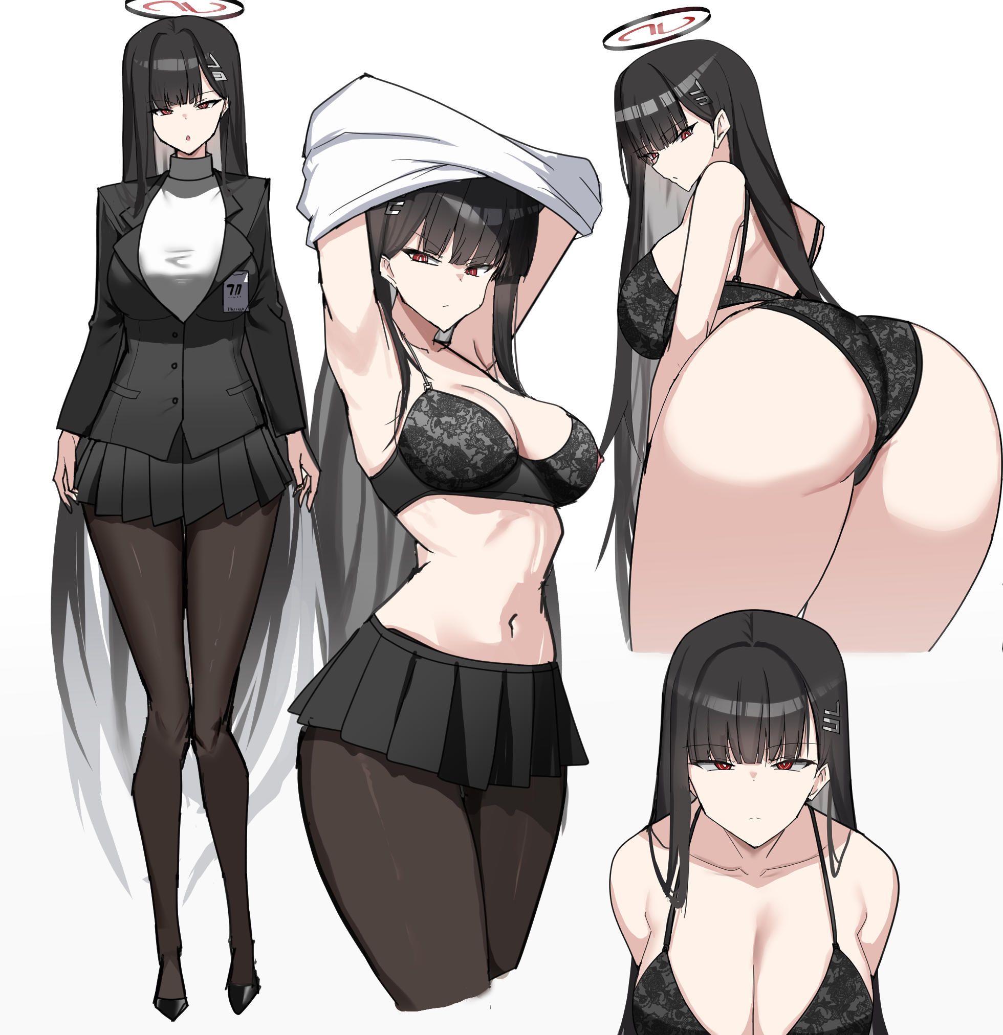 ainmqa35, rio (blue archive), blue archive, highres, 1girl, :o, ass, bare shoulders, black bra, black hair, black halo, black jacket, black panties, black skirt, blunt bangs, bra, breasts, bright pupils, cleavage, collarbone, hair ornament, hairclip, halo, jacket, large breasts, long hair, looking at viewer, looking back, multicolored halo, navel, panties, pantyhose, pleated skirt, red eyes, red halo, skirt, solo, sweater, thighs, turtleneck, turtleneck sweater, two-tone halo, underwear, undressing, very long hair, white pupils, white sweater