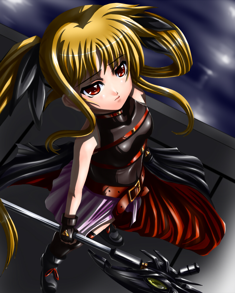 gao (artist), gao (naodayo), bardiche (axe form) (nanoha), bardiche (nanoha), fate testarossa, fate testarossa (movie 1st form), lyrical nanoha, mahou shoujo lyrical nanoha, 00s, 1girl, blonde hair, cape, female focus, long hair, red eyes, solo, unworn cape