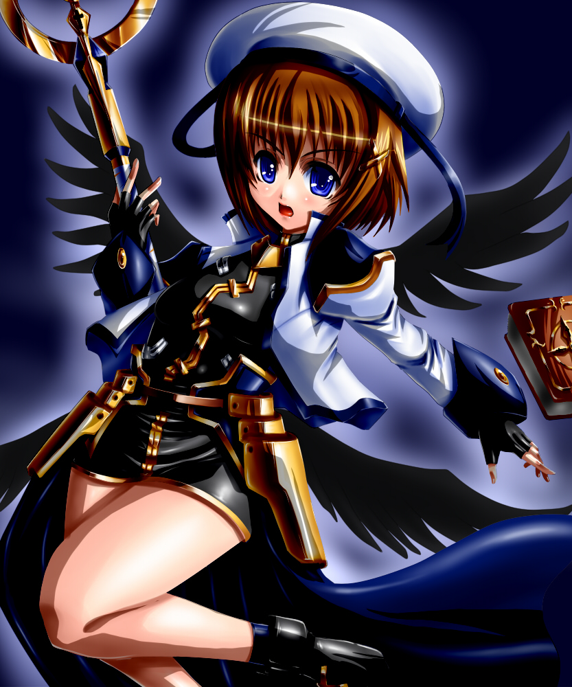 gao (artist), gao (naodayo), schwertkreuz, yagami hayate, lyrical nanoha, mahou shoujo lyrical nanoha, 00s, 1girl, blue eyes, brown hair, female focus, hair ornament, short hair, solo, staff, wings, x hair ornament