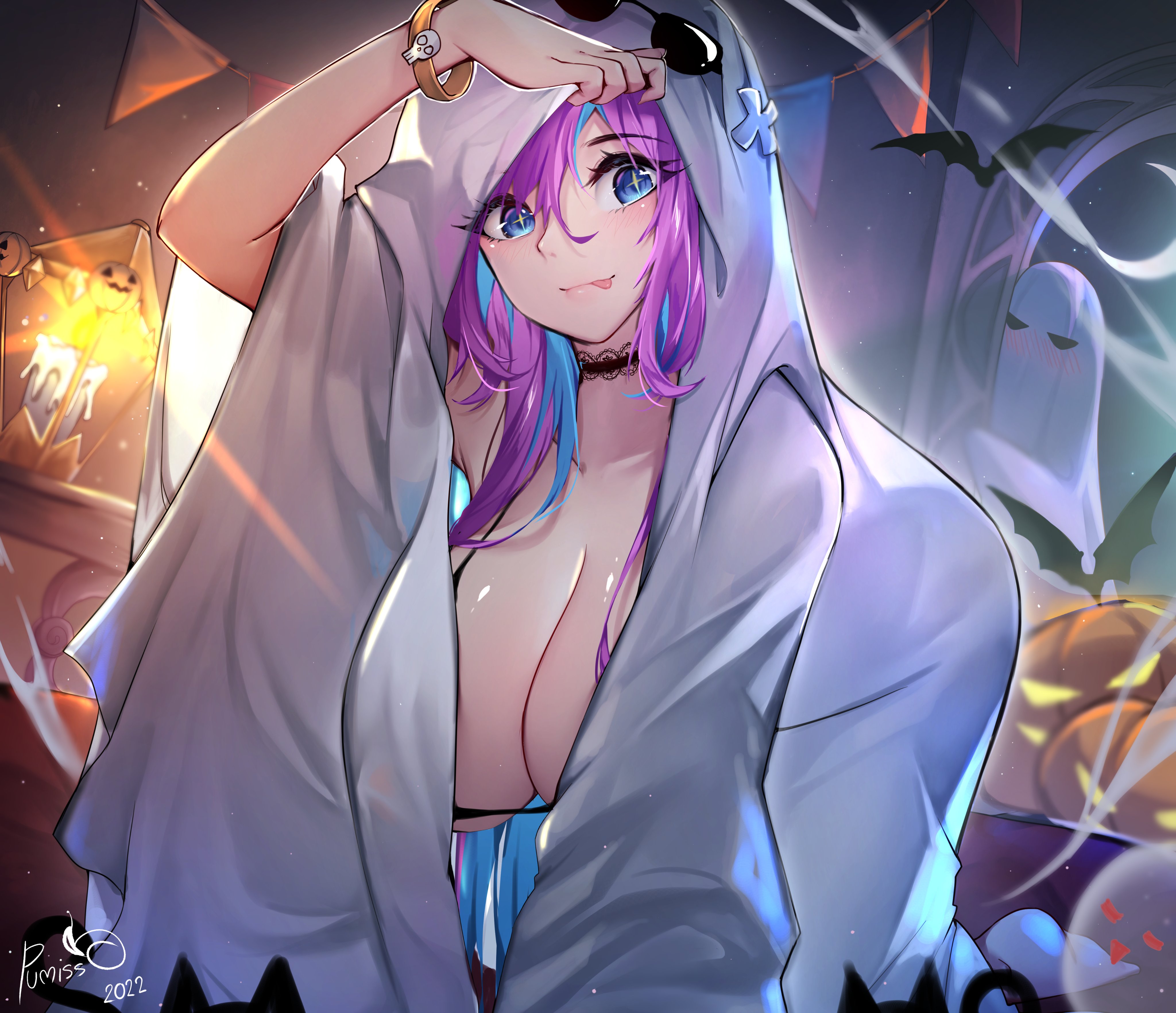 pumiss, original, absurdres, highres, 1girl, artist name, blue eyes, blue hair, breasts, dated, ghost costume, halloween, huge breasts, indoors, long hair, multicolored hair, purple hair, solo, tongue, tongue out, two-tone hair