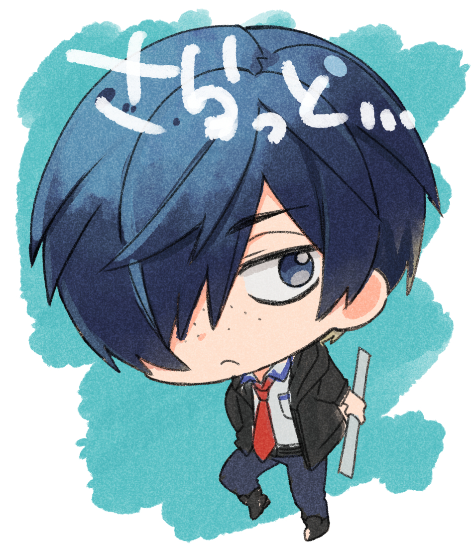 gaa (butsugen), kuji toi, sarazanmai, commentary request, translation request, 1boy, black jacket, black shoes, blue eyes, blue hair, chibi, chibi only, freckles, frown, full body, hair over one eye, holding ruler, jacket, looking at viewer, male focus, necktie, red necktie, shirt, shoes, short hair, solo, white shirt