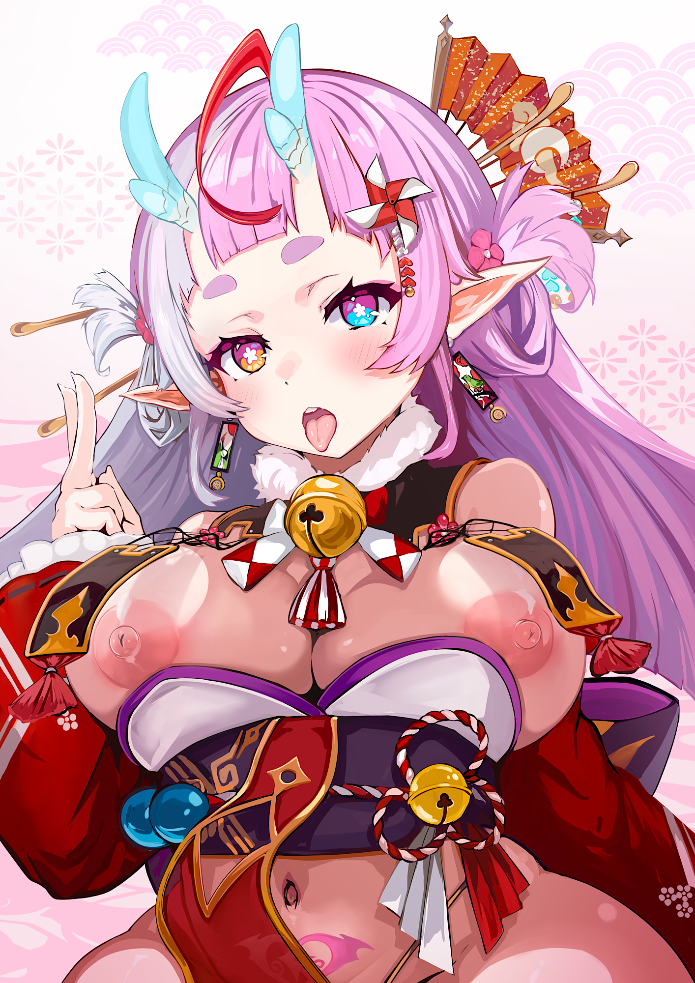kajimakoto, ninja (tera online), tera online, highres, 1girl, bell, blue eyes, blush, breast curtains, breasts, detached sleeves, heterochromia, horns, japanese clothes, jingle bell, kimono, large breasts, looking at viewer, multicolored hair, navel, ninja, nipples, open mouth, orange eyes, pointy ears, pubic tattoo, purple hair, short kimono, short yukata, solo, split-color hair, symbol-shaped pupils, tassel, tattoo, tongue, tongue out, white hair, yukata