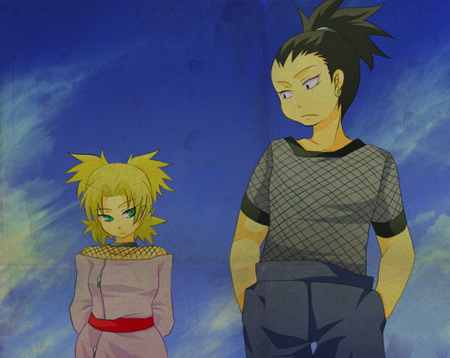 hcsb, nara shikamaru, temari (naruto), naruto (classic), naruto (series), blonde hair, day, fishnets, frown, off shoulder, outdoors, ponytail, quad tails, short ponytail