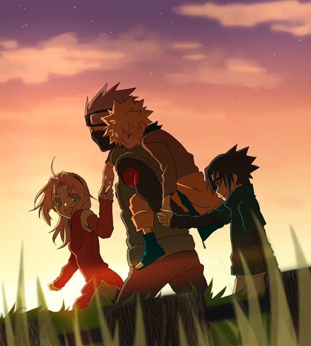 katsuko (naruto), haruno sakura, hatake kakashi, uchiha sasuke, uzumaki naruto, naruto (classic), naruto (series), 1girl, 3boys, blonde hair, carrying, multiple boys, piggyback, pink hair, team 7 (naruto)