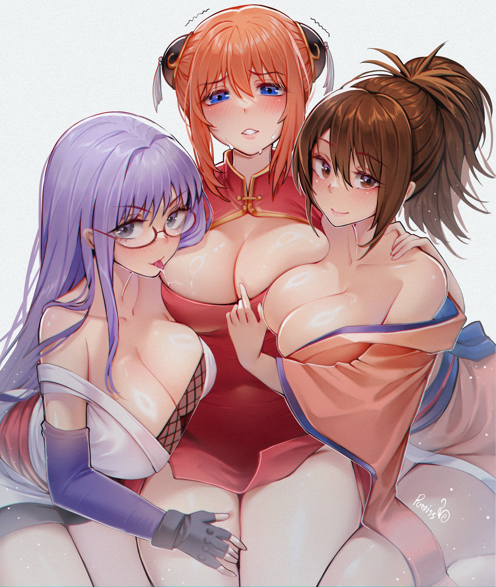 pumiss, kagura (gintama), sarutobi ayame, shimura tae, gintama, highres, 3girls, alternate breast size (larger), artist name, blue eyes, breasts, brown eyes, brown hair, cleavage cutout, clothing cutout, glasses, japanese clothes, kimono, large breasts, long hair, looking at viewer, medium hair, multiple girls, open clothes, orange hair, ponytail, purple eyes, purple hair, shiny skin, simple background, smile, tongue, white background