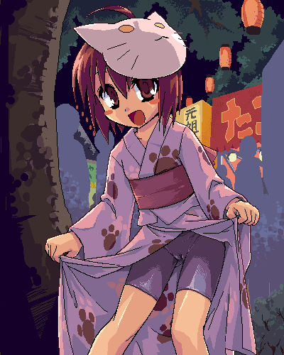 redrantem, tomoshibi hidekazu, aka chouchin, bike shorts girl (tomoshibi hidekazu), original, lowres, 1girl, :d, ahoge, bike shorts, black shorts, blush, brown eyes, brown hair, cameltoe, clothes lift, dress, dress lift, female focus, festival, japanese clothes, kimono, kimono pull, lantern, mask, obi, oekaki, open mouth, paw print, sash, shorts, smile, solo, yukata