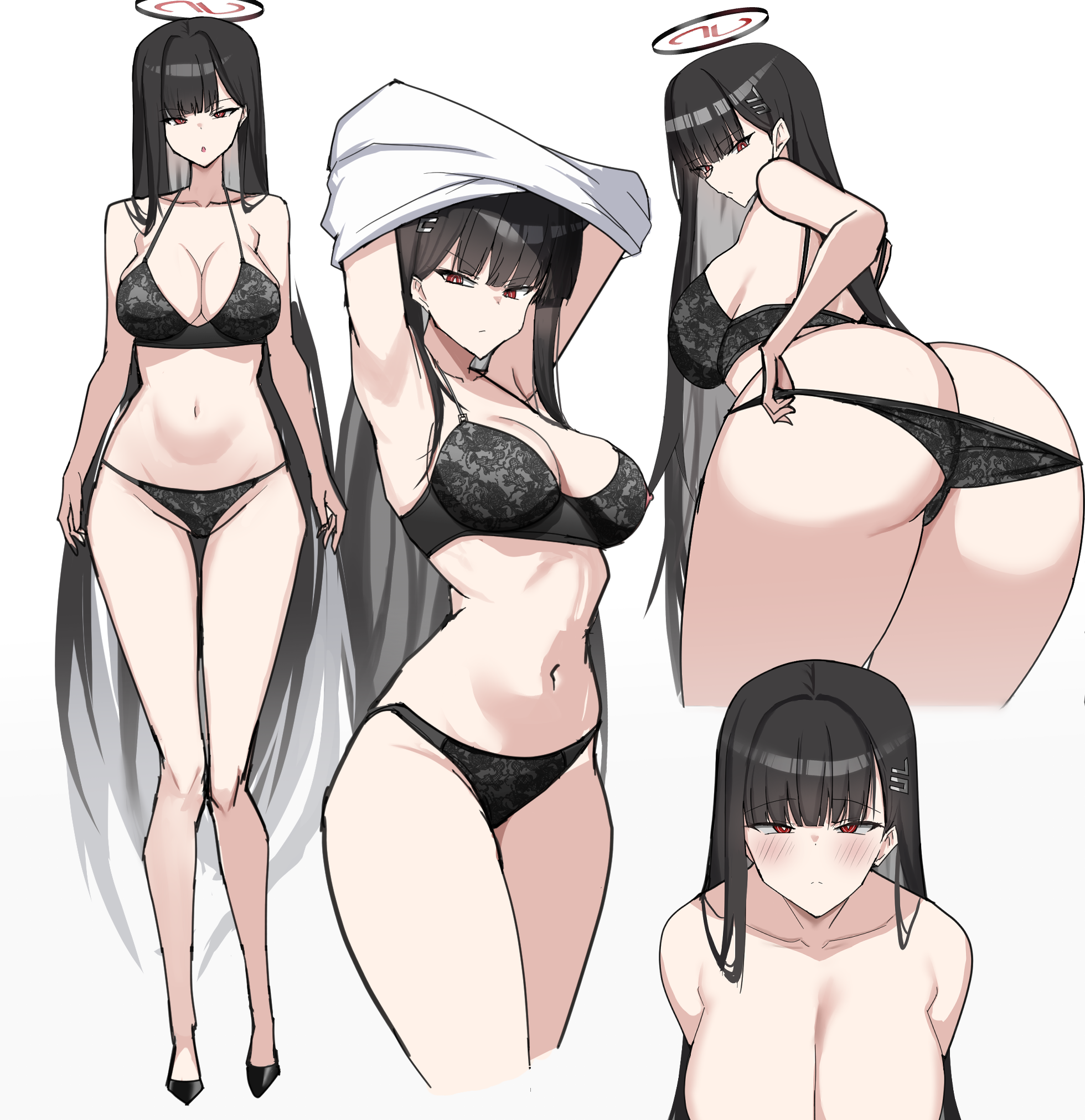 ainmqa35, rio (blue archive), blue archive, highres, 1girl, :o, ass, bare shoulders, black bra, black hair, black halo, black panties, blunt bangs, bra, breasts, bright pupils, cleavage, collarbone, hair ornament, hairclip, halo, jacket, large breasts, long hair, looking at viewer, looking back, multicolored halo, navel, panties, red eyes, red halo, solo, sweater, thighs, two-tone halo, underwear, undressing, very long hair, white pupils, white sweater