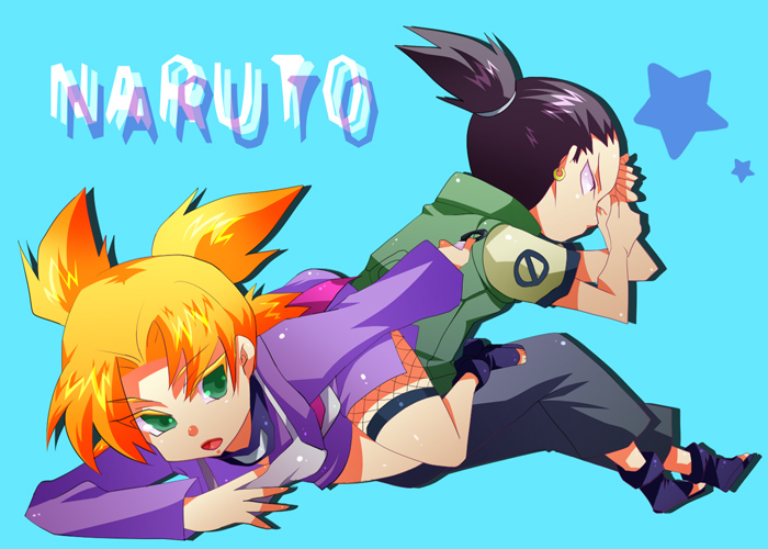 hcsb, nara shikamaru, temari (naruto), naruto (classic), naruto (series), aqua background, blonde hair, colored eyelashes, copyright name, full body, green eyes, ponytail, quad tails, short ponytail, simple background