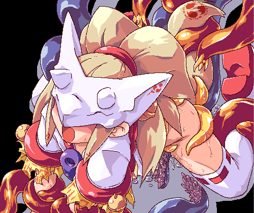 redrantem, tomoshibi hidekazu, aka chouchin, kitsunebi no miko, summon night, lowres, 1girl, female focus, japanese clothes, loli, miko, pussy juice, rape, saliva, solo, tail, tailjob, tears, tentacles, thighhighs, tongue