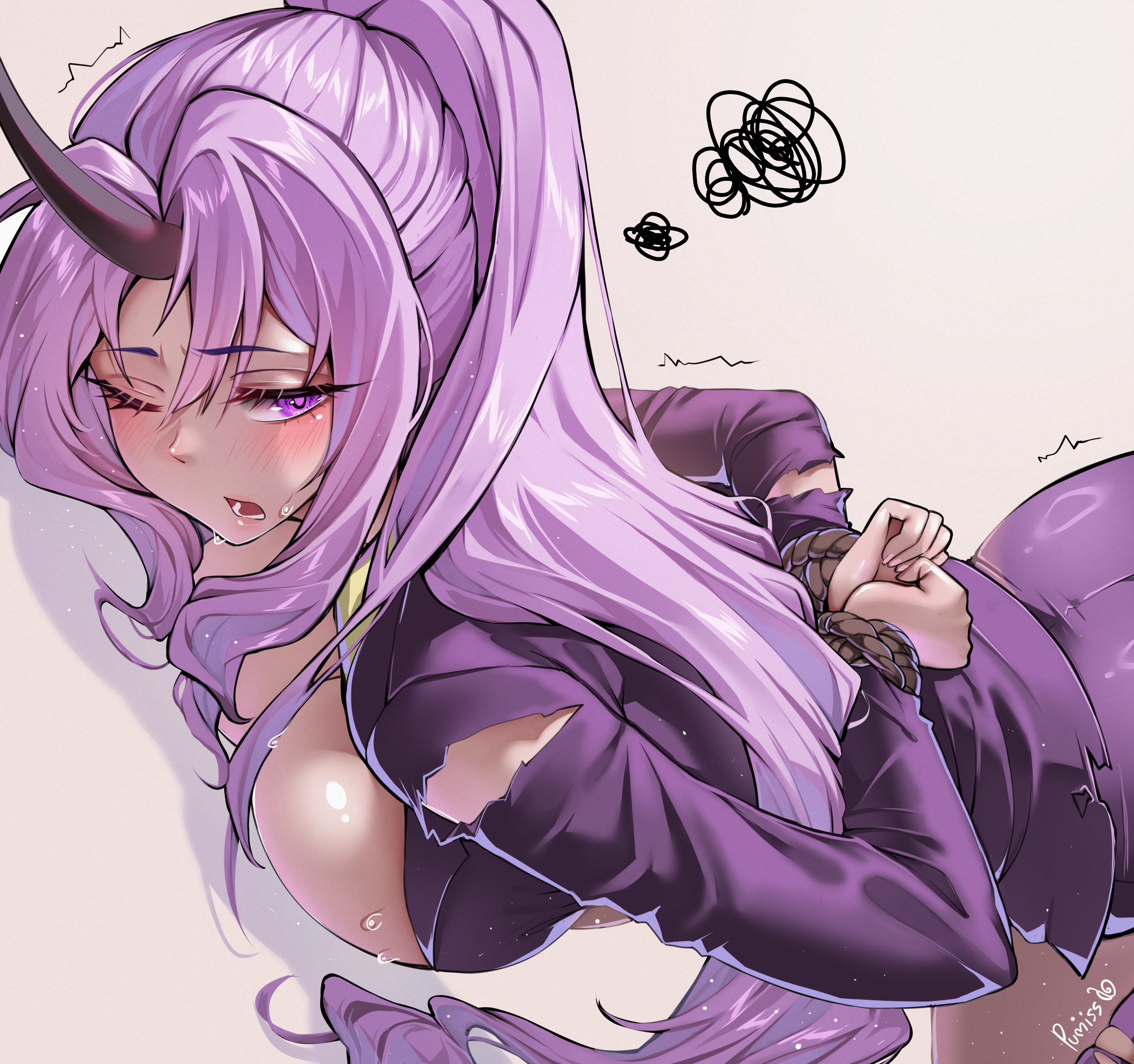 pumiss, shion (tensura), tensei shitara slime datta ken, absurdres, highres, 1girl, bdsm, bondage, bound, bound arms, breasts, grey background, horns, large breasts, long hair, one eye closed, open mouth, purple eyes, purple hair, simple background, solo, torn clothes