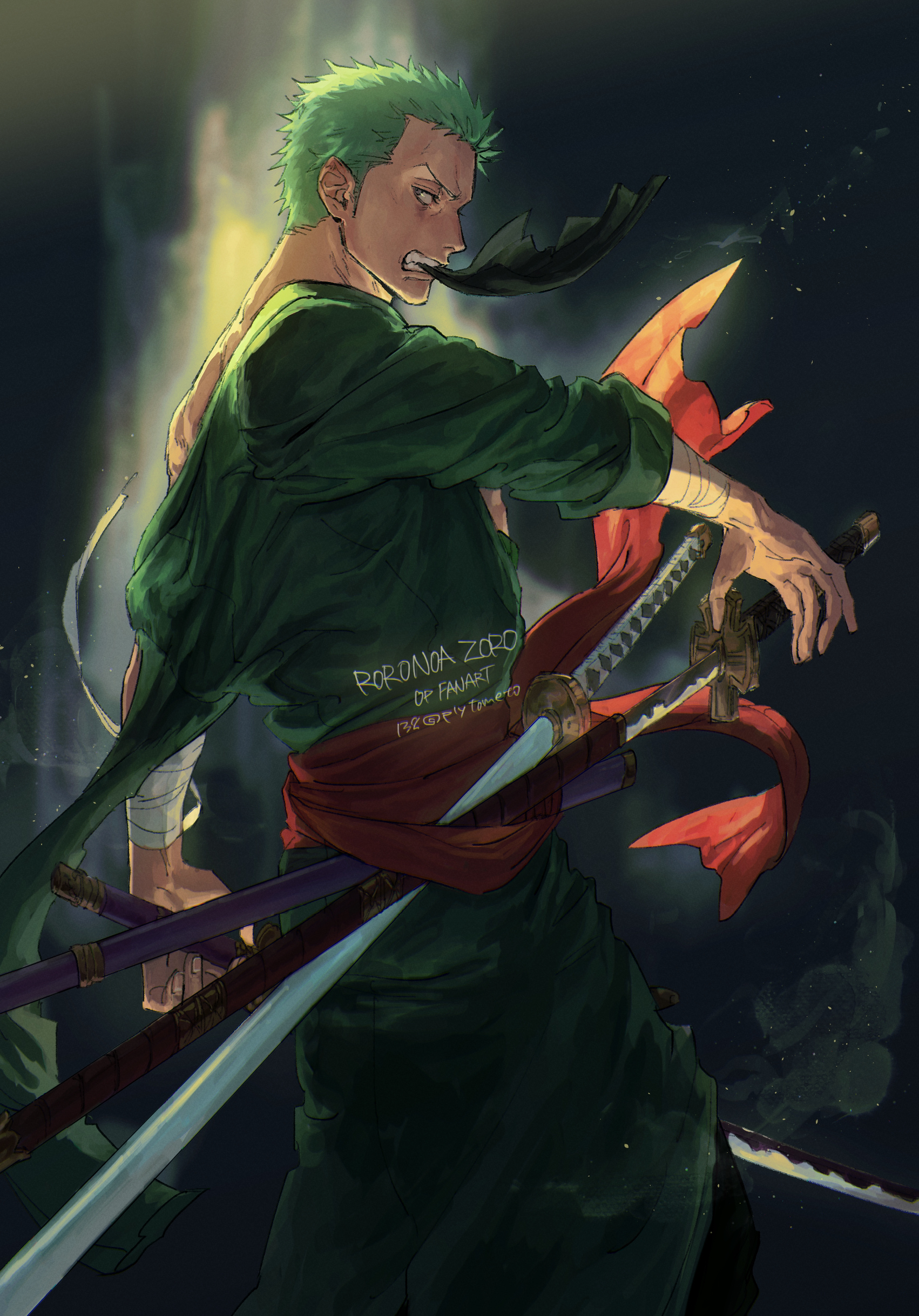 plytometo, roronoa zoro, one piece, absurdres, commentary request, highres, 1boy, artist name, bandaged arm, bandages, character name, clenched teeth, green hair, green kimono, grey eyes, holding, holding sword, holding weapon, japanese clothes, kimono, long sleeves, looking at viewer, male focus, mouth hold, profile, red sash, sash, sheath, short hair, sideways glance, solo, standing, sword, teeth, triple wielding, twitter username, unsheathing, v-shaped eyebrows, watermark, weapon