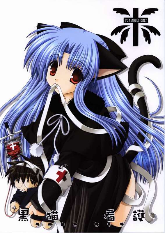 nekoneko, len (tsukihime), tohno shiki, kagetsu tooya, melty blood, tsukihime, type-moon, 00s, 1girl, animal ears, bandages, black dress, blood, blue hair, bow, capelet, cat ears, cat tail, character doll, doll, dress, female focus, hair bow, long hair, pointy ears, red eyes, solo, tail, thighhighs, very long hair