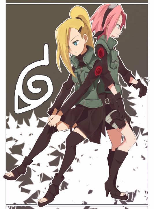 yokige, haruno sakura, yamanaka ino, naruto (classic), naruto (series), naruto shippuuden, black legwear, tagme, 2girls, back-to-back, black gloves, blonde hair, blue eyes, boots, flak jacket, gloves, hair ornament, hair over one eye, hair tie, hairclip, jacket, konohagakure symbol, multiple girls, pink hair, ponytail, smile