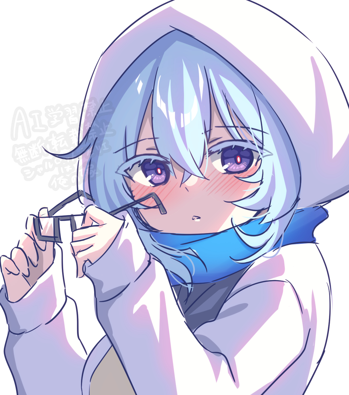 uissu, shorekeeper (wuthering waves), wuthering waves, commentary request, highres, 1girl, blue hair, blue scarf, blush, breasts, glasses, hair between eyes, holding, holding removed eyewear, hood, hood up, hooded jacket, jacket, large breasts, long hair, long sleeves, looking at viewer, official alternate costume, parted lips, purple eyes, scarf, simple background, solo, unworn eyewear, upper body, watermark, white background, white jacket