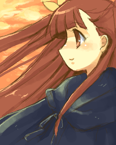 anya cocolova, mahou sensei negima!, lowres, 00s, 1girl, blunt bangs, brown eyes, brown hair, coat, female focus, from side, looking afar, profile, red hair, sidelocks, solo, upper body