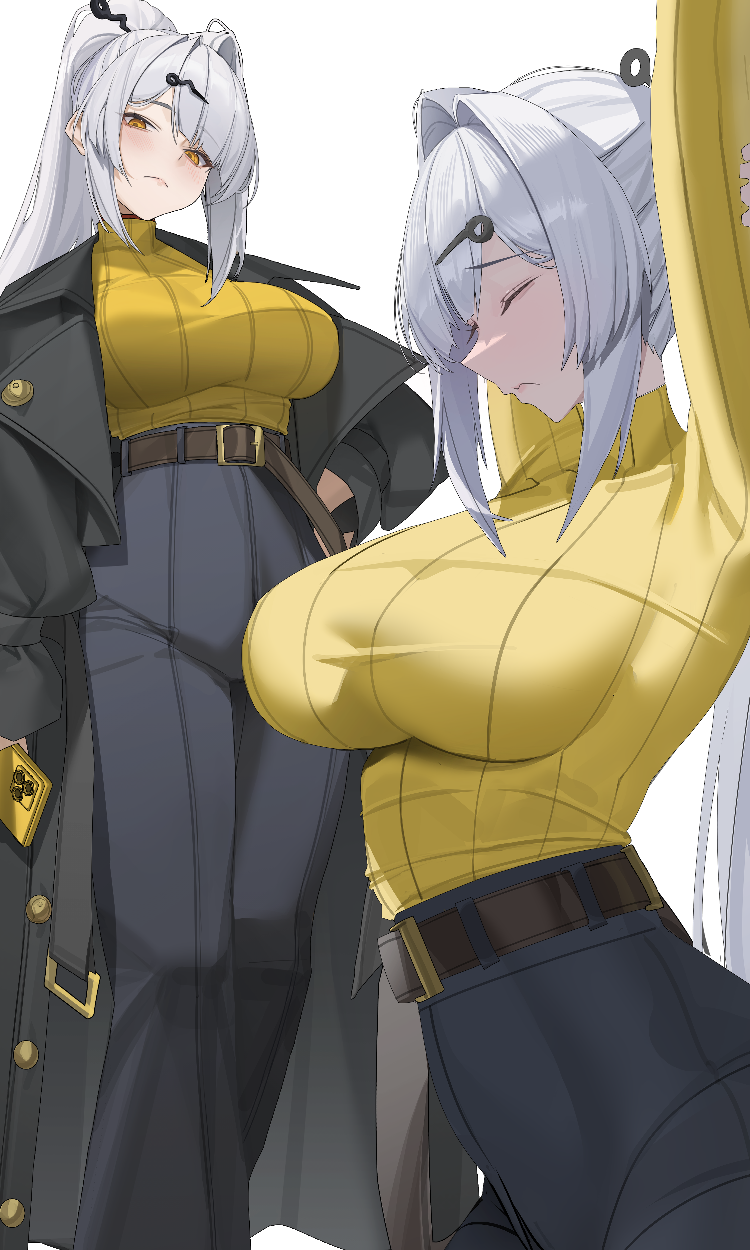 gong dol hong, yixuan (zenless zone zero), zenless zone zero, absurdres, commentary request, highres, 1girl, alternate costume, alternate hair length, alternate hairstyle, arm up, black coat, black pants, blush, breasts, cellphone, closed eyes, closed mouth, coat, grey hair, hair ornament, hairpin, hand on own hip, high-waist pants, holding, holding phone, huge breasts, long hair, looking at viewer, multiple views, open clothes, open coat, pants, phone, ponytail, shirt, shirt tucked in, sidelocks, simple background, single hair intake, smartphone, stretching, very long hair, white background, yellow eyes, yellow shirt
