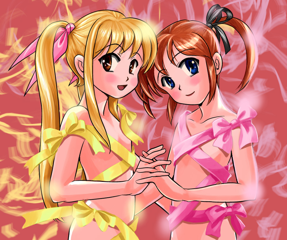 ren-chan, fate testarossa, takamachi nanoha, lyrical nanoha, mahou shoujo lyrical nanoha, 00s, blonde hair, brown hair, holding hands, long hair, naked ribbon, nude, red eyes, ribbon