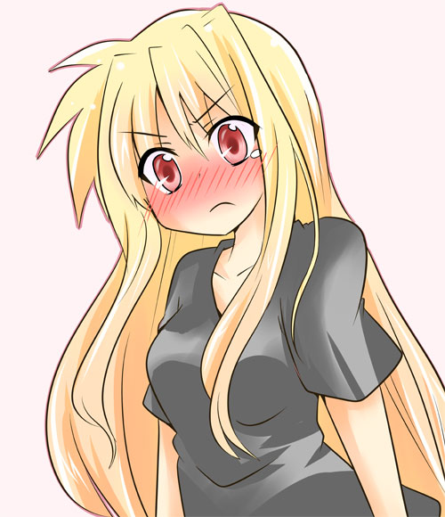 altorealize, fate testarossa, lyrical nanoha, mahou shoujo lyrical nanoha, 00s, 1girl, angry, blonde hair, blush, female focus, long hair, red eyes, solo, very long hair