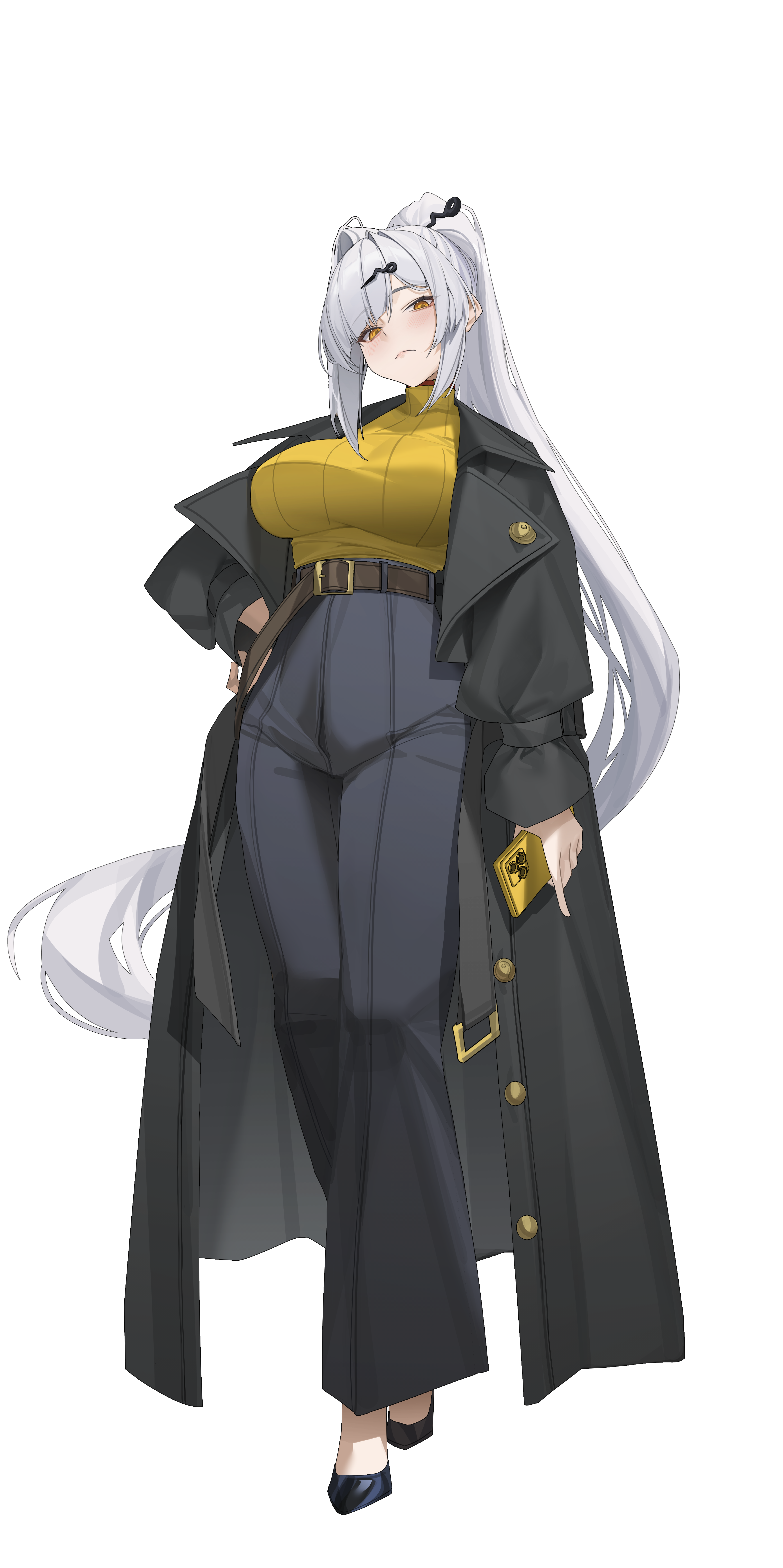 gong dol hong, yixuan (zenless zone zero), zenless zone zero, absurdres, commentary request, highres, 1girl, alternate costume, alternate hair length, alternate hairstyle, black coat, black pants, black shoes, blush, breasts, cellphone, closed mouth, coat, full body, grey hair, hair ornament, hairpin, hand on own hip, high-waist pants, holding, holding phone, huge breasts, long hair, looking at viewer, open clothes, open coat, pants, phone, ponytail, shirt, shirt tucked in, shoes, sidelocks, simple background, single hair intake, smartphone, solo, very long hair, white background, yellow eyes, yellow shirt