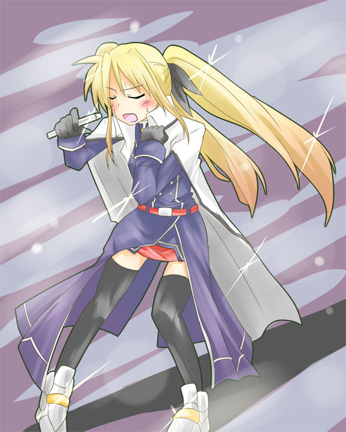 bardiche (nanoha), fate testarossa, fate testarossa (impulse form), lyrical nanoha, mahou shoujo lyrical nanoha, 00s, 1girl, blonde hair, female focus, long hair, microphone, solo, thighhighs, twintails